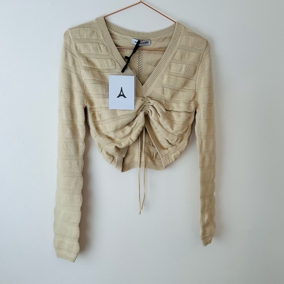 New Maniere De Voir Contour Beige Knit Long Sleeve Top Cropped wrap tie waist - Picture 8 of 8